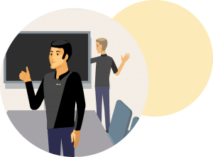 Two people in a meeting room, one giving a thumbs-up while the other expertly points at a screen during a test review.