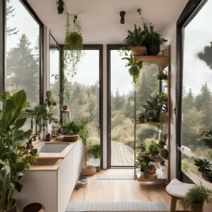 A bright and airy tiny house interior with clever storage solutions, showcasing how to maximize space and light in a compact home.