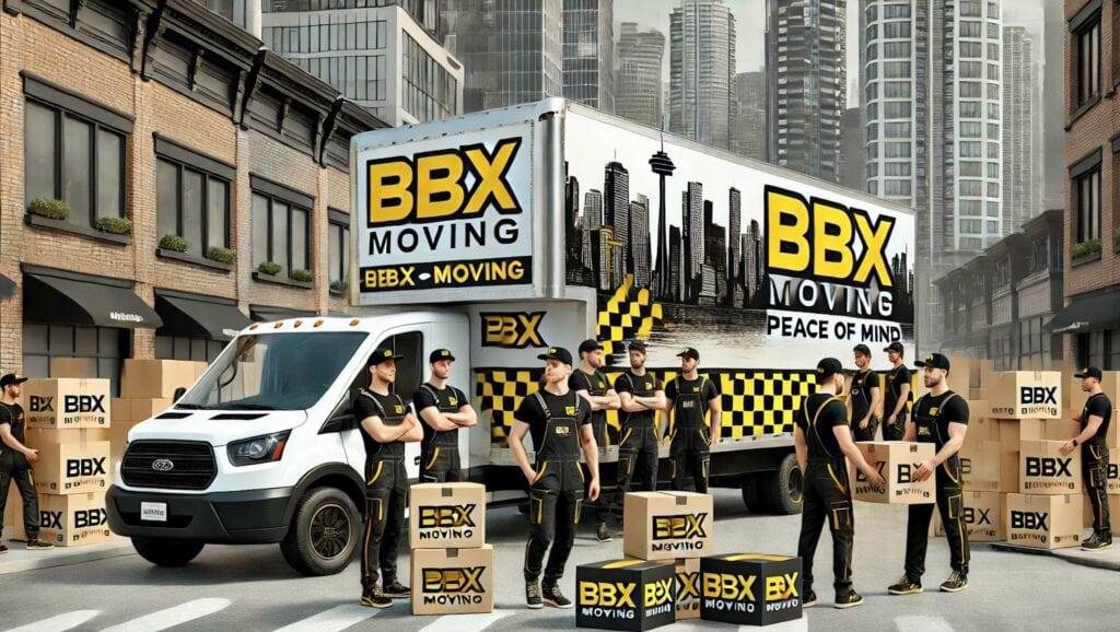 A moving truck labeled "BBX Moving" is parked on a city street. Several movers in black and yellow uniforms stand confidently near stacked boxes, ensuring your belongings are safe. Skyscrapers rise majestically in the background, reminding you to avoid moving scams and trust the experts.