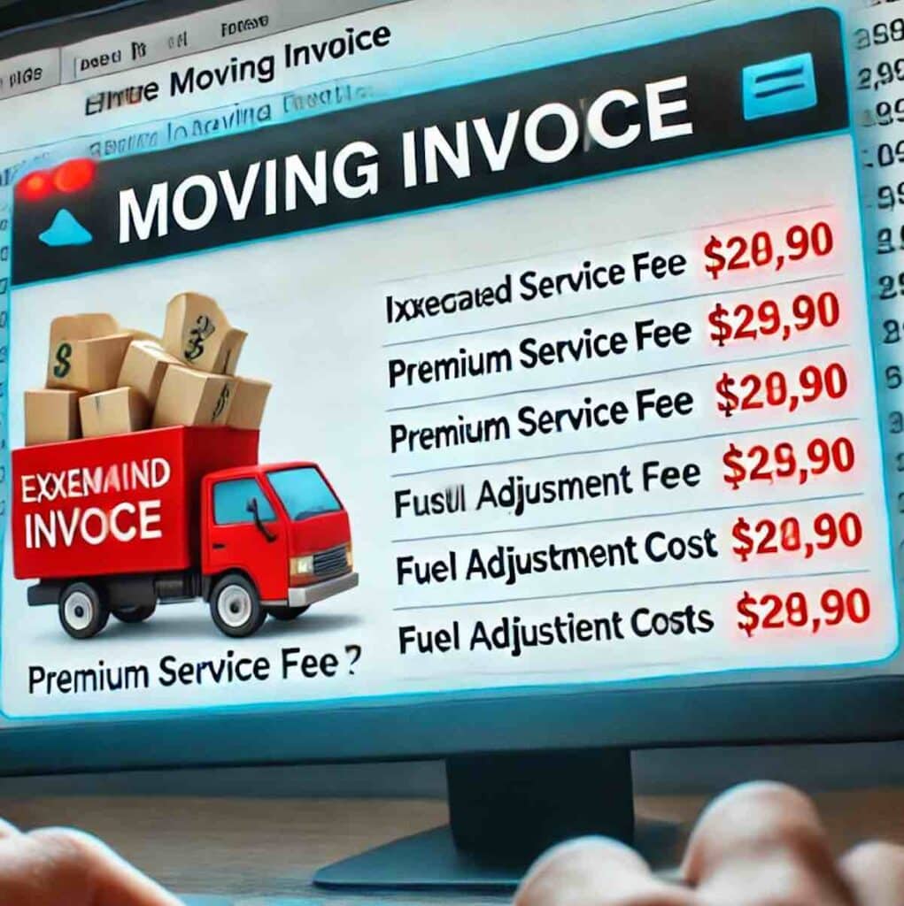 A computer screen displays a moving invoice with various charges and fees listed, including service and adjustment costs, while a red truck icon on the left warns you to spot potential scams. Don't get hustled by unexpected extras.