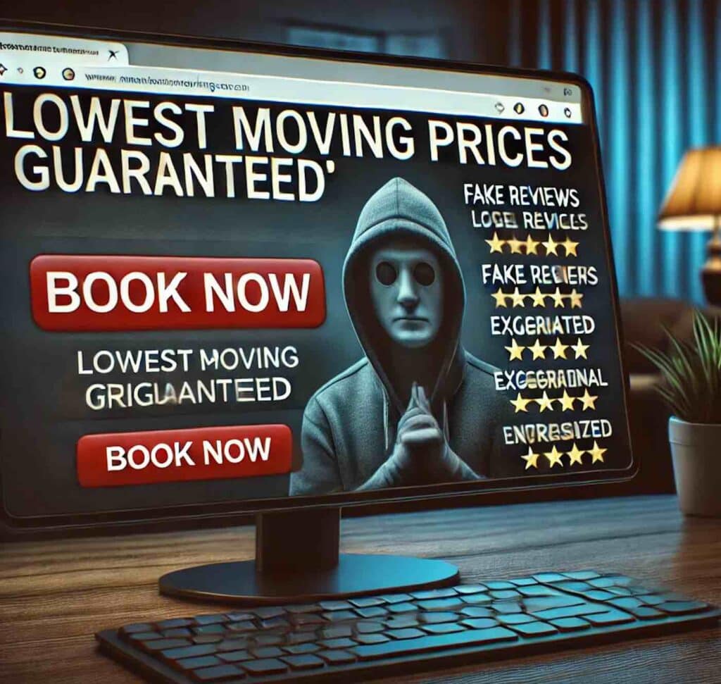 A computer screen displays a website featuring a hooded figure, promising the lowest moving prices guaranteed. It's designed to lure you in with "Book Now" buttons and dubious review ratings. Don’t get hustled by moving scams—learn how to spot these traps before it's too late.