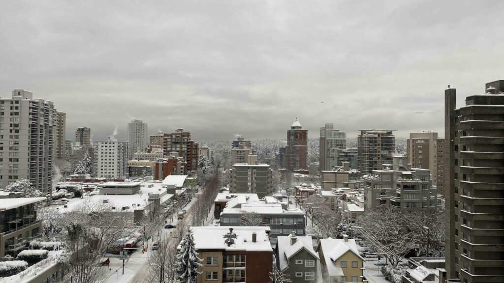 Snow-covered cityscape with tall buildings and residential houses under an overcast sky.