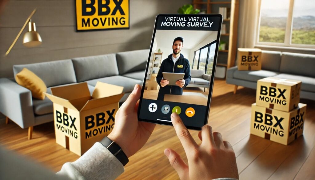 A person uses a tablet for a virtual moving survey with BBX Moving, seamlessly embracing the future of moving. Boxes are strategically placed around a room adorned with modern decor.