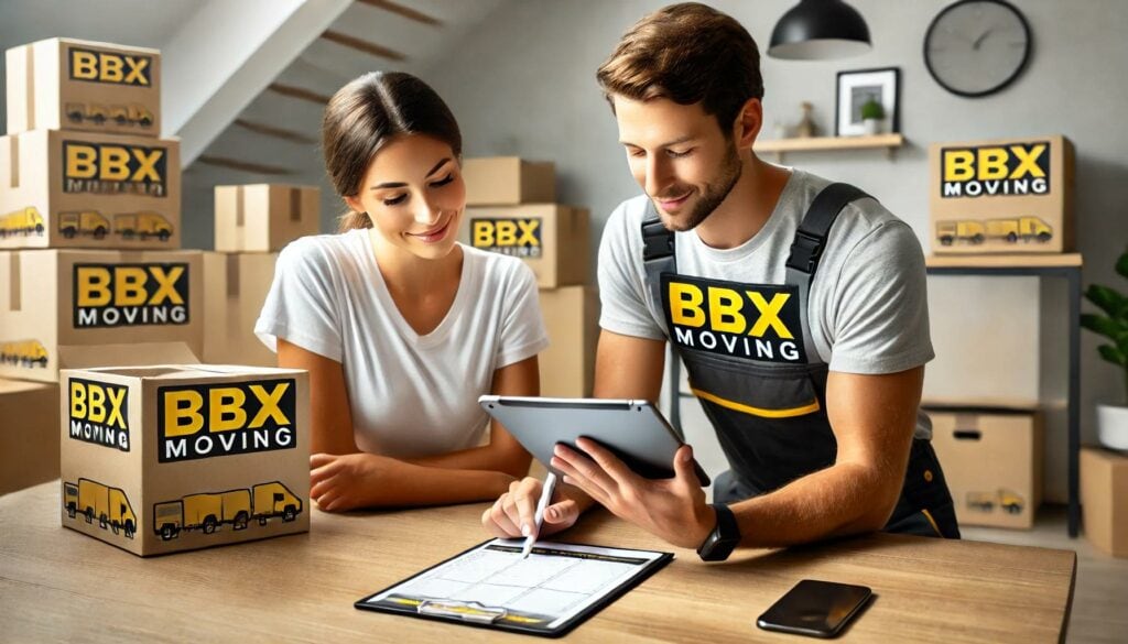 Two people are engaged in reviewing moving documents on a tablet, surrounded by BBX Moving boxes. This scene reflects the future of moving, where technology and organization effortlessly come together for a seamless relocation experience.