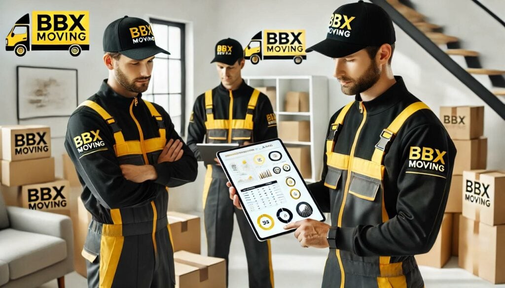 Three men in BBX Moving uniforms stand among moving boxes in a modern room, embodying the future of moving. One holds a tablet displaying data, showcasing their innovative approach to seamless relocation.