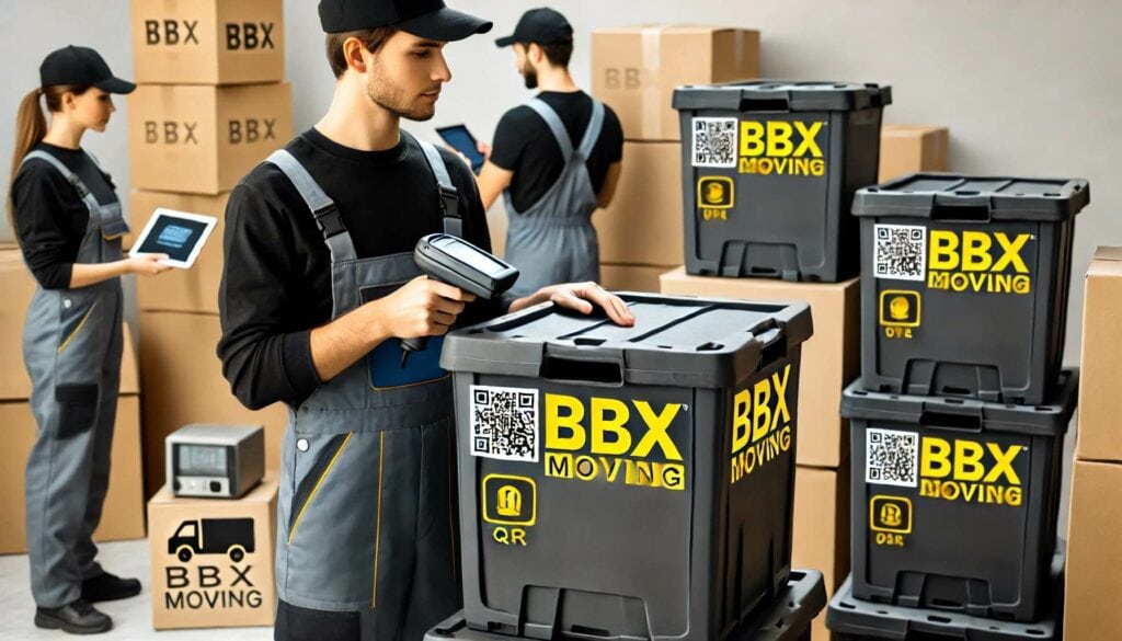 In the future of moving, workers in uniforms efficiently handle BBX Moving boxes adorned with QR codes. One expertly scans a box using a handheld device, while another utilizes a tablet. In the background, neatly stacked boxes highlight their organized approach to relocation.