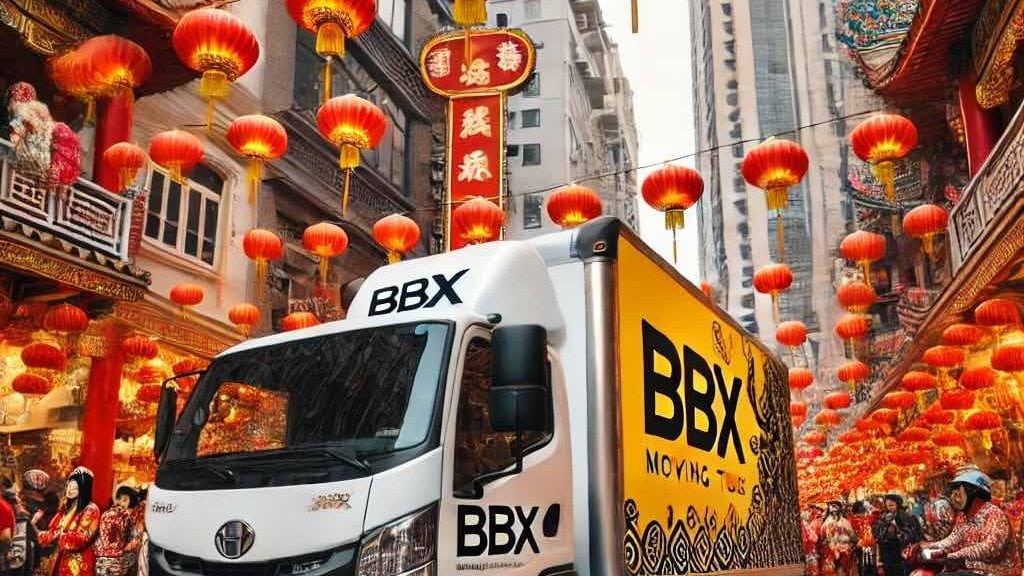 A BBX moving truck drives through a street adorned with red lanterns in a bustling city, symbolizing growth and wisdom during the Year of the Snake, surrounded by people and towering buildings.