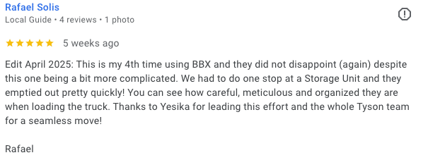 A Google review by Rafael Solis praises BBX and the Tyson team for their careful, organized moving service during a stressful moving Vancouver experience, and thanks Yesika for expertly leading the effort during their April 2025 move.