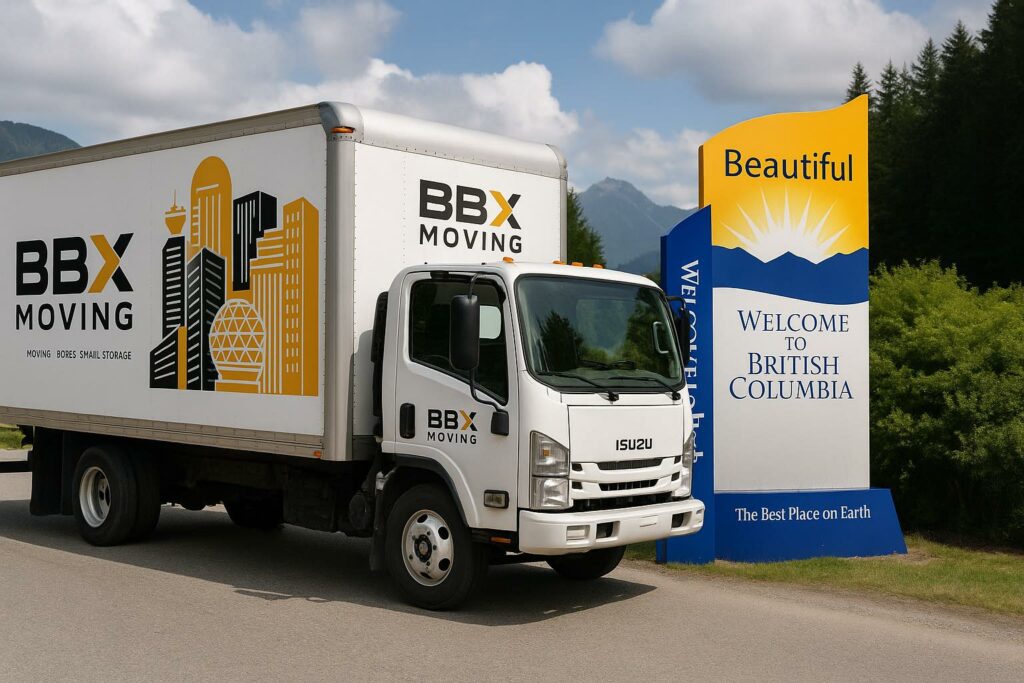 A BBX Moving truck is parked next to a "Welcome to British Columbia" sign on a roadside, capturing the journey of moving to Vancouver from the US, with scenic trees and majestic mountains in the background.