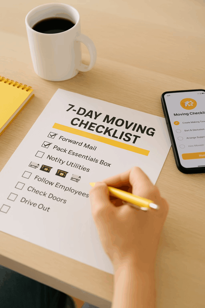 A person reviews a 7 Day Moving Checklist, checking off tasks at a desk with a cup of coffee, a yellow notebook, and a smartphone nearby.