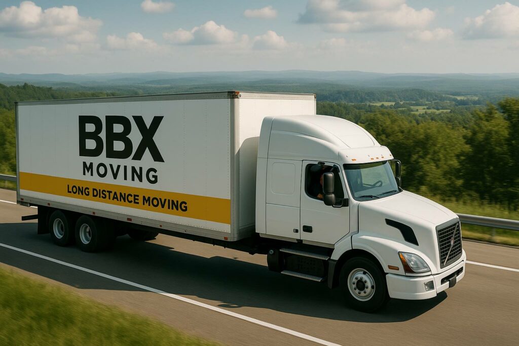 A white BBX Moving truck "Long Distance Moving"  showcasing the reliable Long Distance Moving Canada services offered by the company.
