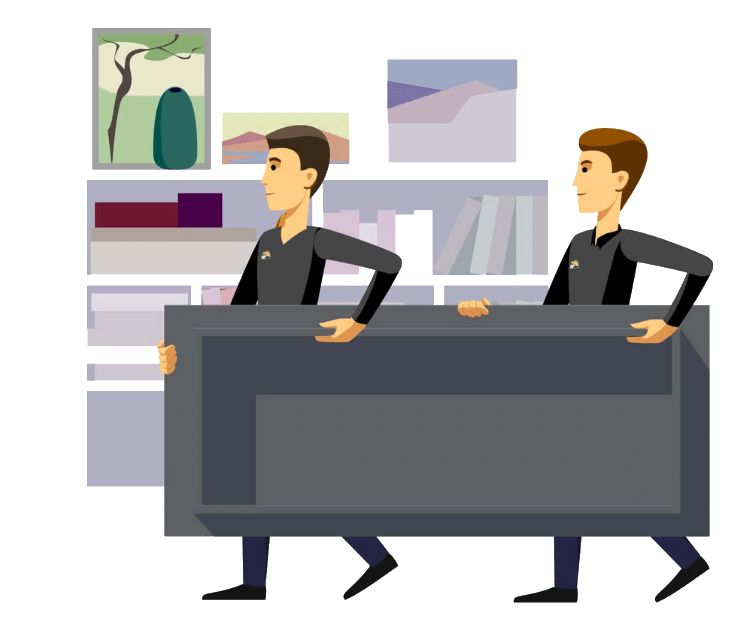 Two men carrying a large, rectangular object in front of a bookshelf with books and framed pictures, demonstrating seamless Move Project Management.