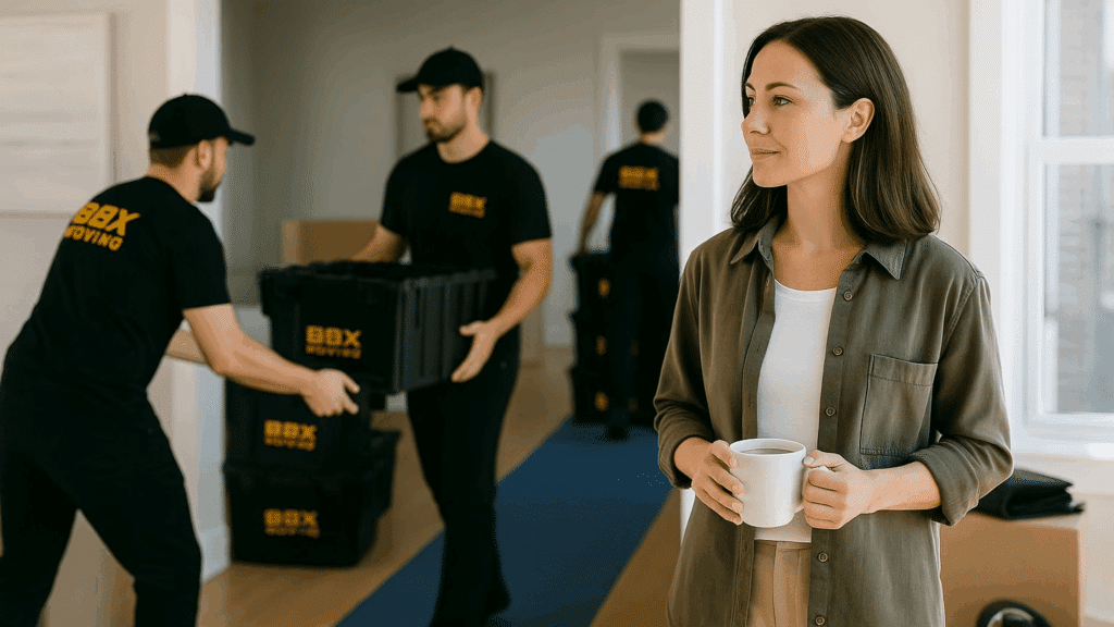 A woman holding a mug stands in a room while three movers in matching uniforms carry black boxes labeled “BOX MOVING.”.