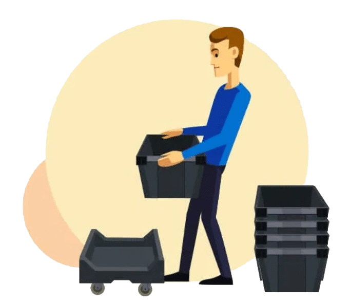A person holding a black storage bin, standing next to a stack of similar bins and a bin on a small cart—ideal for efficient Move Project Management tasks.