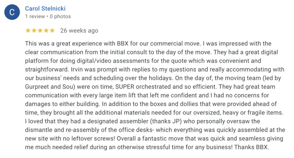 A customer review features a five-star rating and detailed praise for BBX’s warehouse relocation service, citing efficient communication, careful handling, and overall satisfaction with their warehouse move without shutdown.