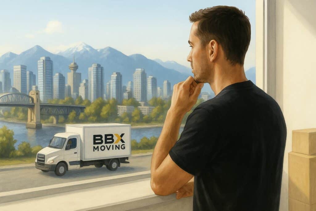 A man looks out a window at a BBX Moving truck parked outside, with a city skyline and mountains in the background—ready to discover the best day to move in Vancouver, whether for weekend moves or weekday moves.