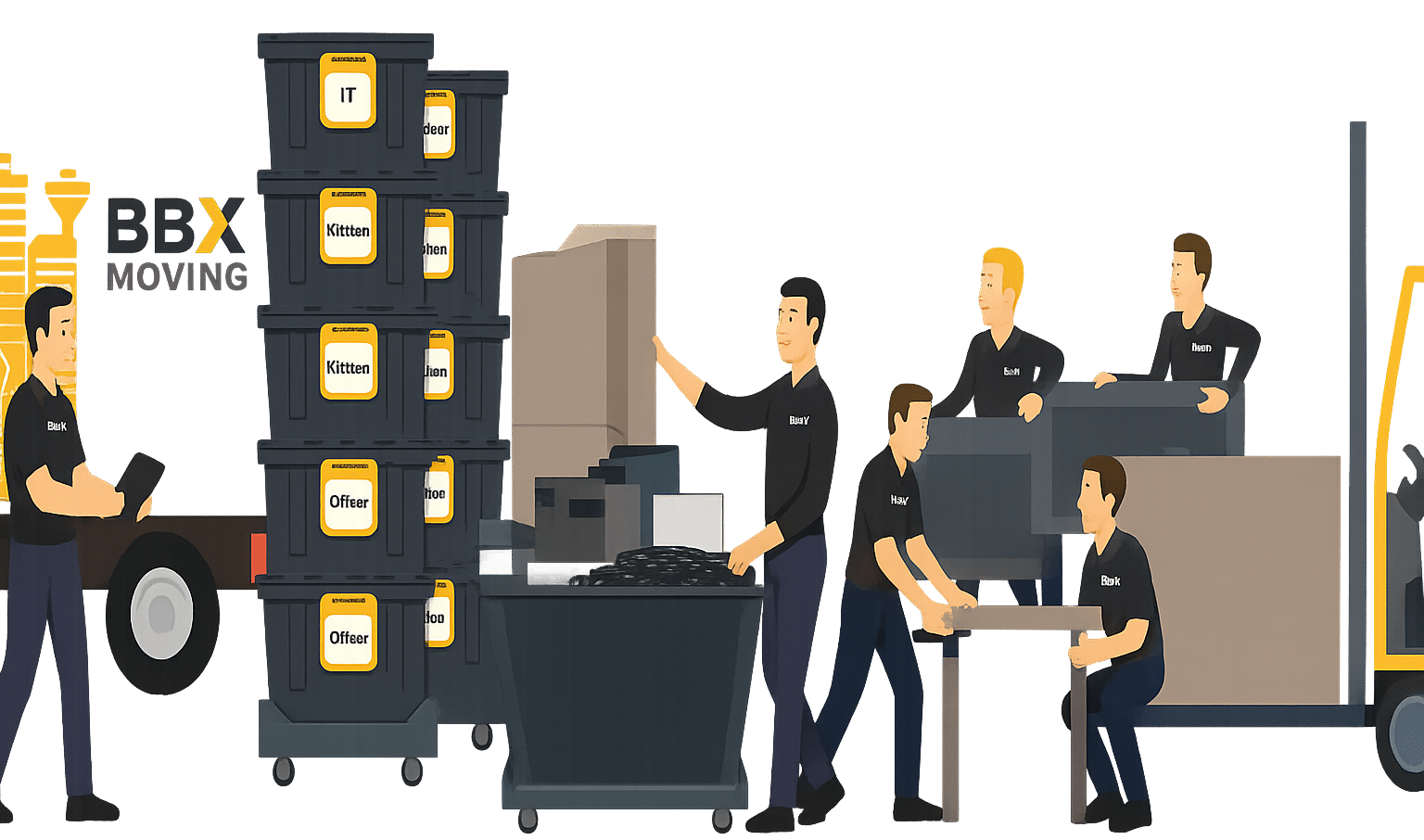 BBX Moving | Home - Illustration of movers wearing  BBX Moving | Home - Illustration of movers wearing