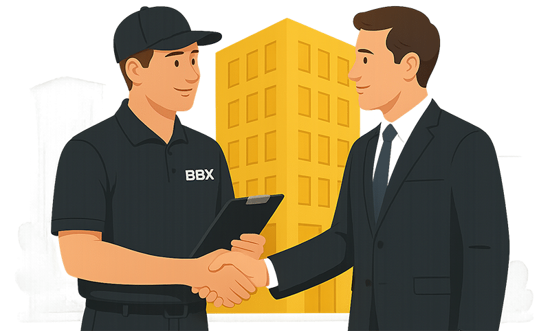 BBX Moving | Home - A delivery person in uniform holding a clipboard shakes hands with a man in a suit in front of a yellow office building. 1 empty bungobox